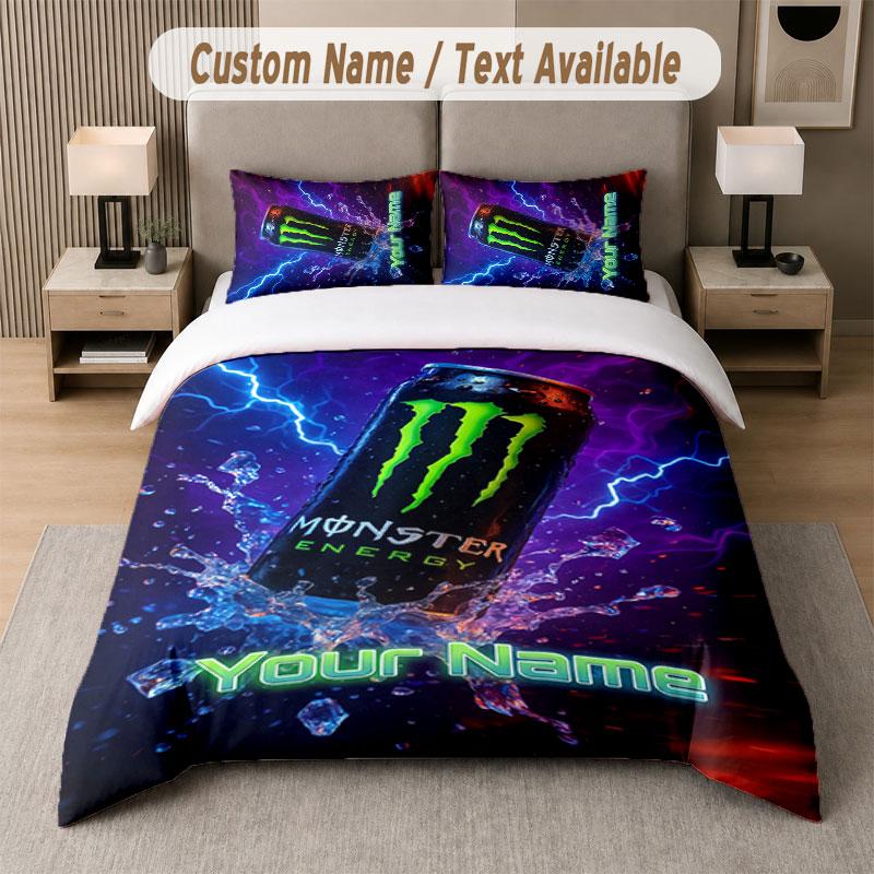 Custom Bedding Set Monster Energy Pattern, Print Name Text 1 Duvet Cover Plus 2 Pillowcases Home Textile