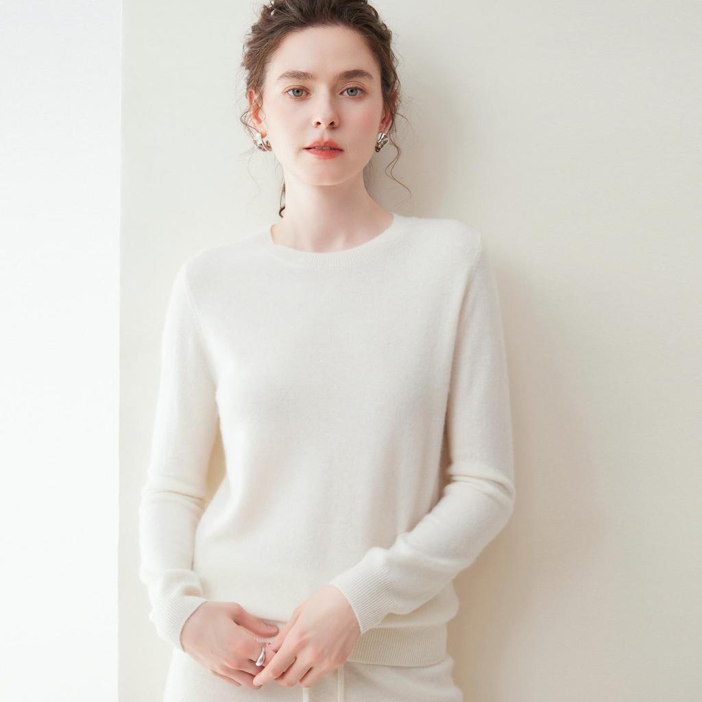 Kang Sai Ni 100% Cashmere Women's Casual Round Neck Sweater - Loose, Simple, Versatile Knitwear