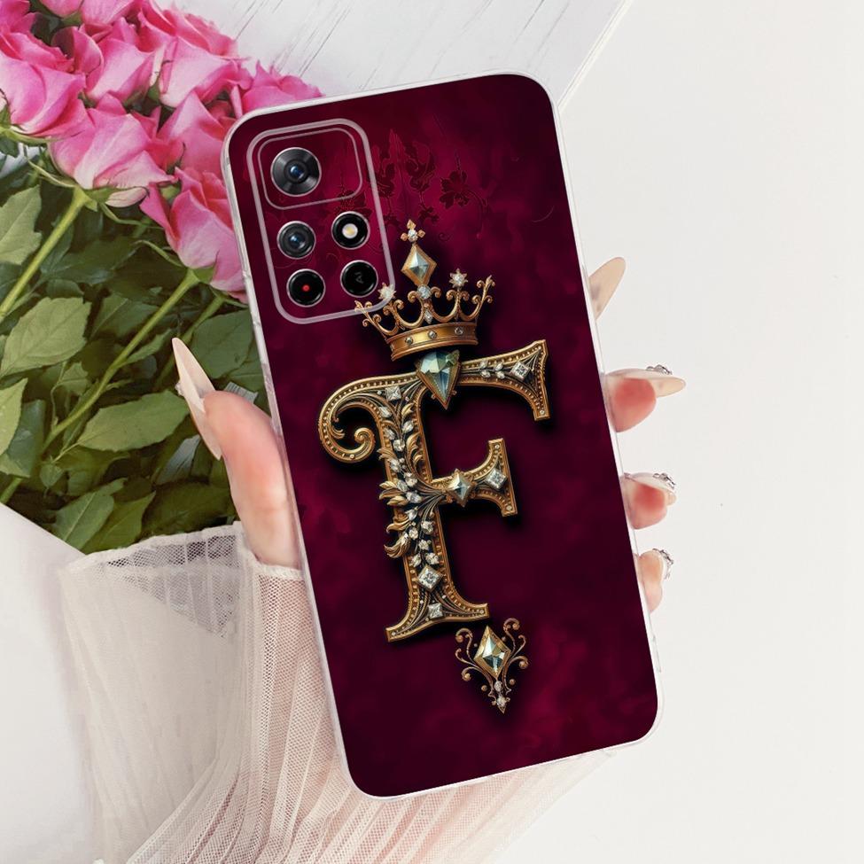 For Xiaomi Poco M4 Pro 5G Case Transparent Luxury Crown A-Z Letters 2D Flat Pattern Soft Phone Case 21091116AG MZB0BGVIN