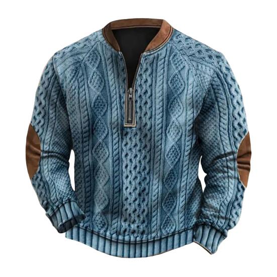 Fall Winter Men Sweatshirt Half Zipper Rhombus Texture Patchwork Round Neck Pullover Long Sleeves Daily Outdoor Sports Top