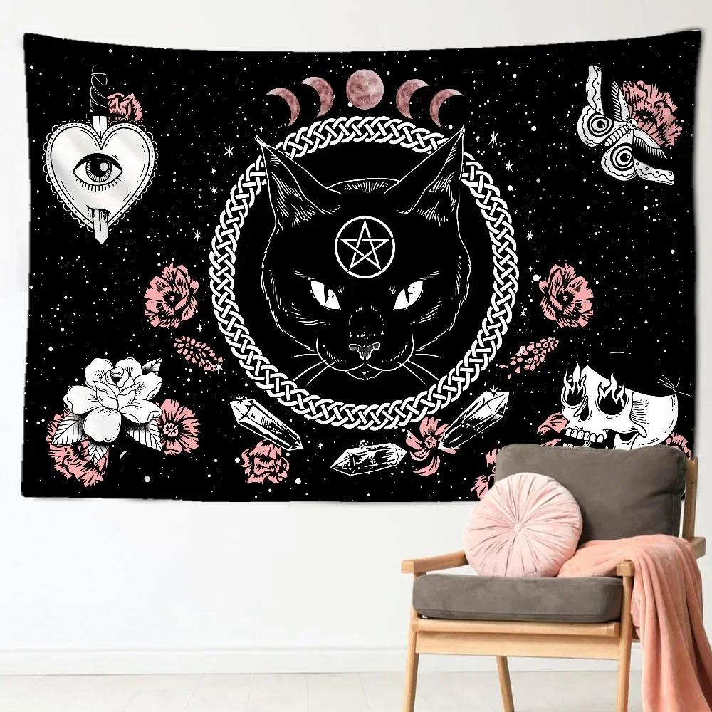 VIKAMA Heks Kat Wandkleed Mystieke Maan Ster Wanddecoratie Esoterische Waarzeggerij Kunst Geschikt voor Woonkamer of Slaapkamer