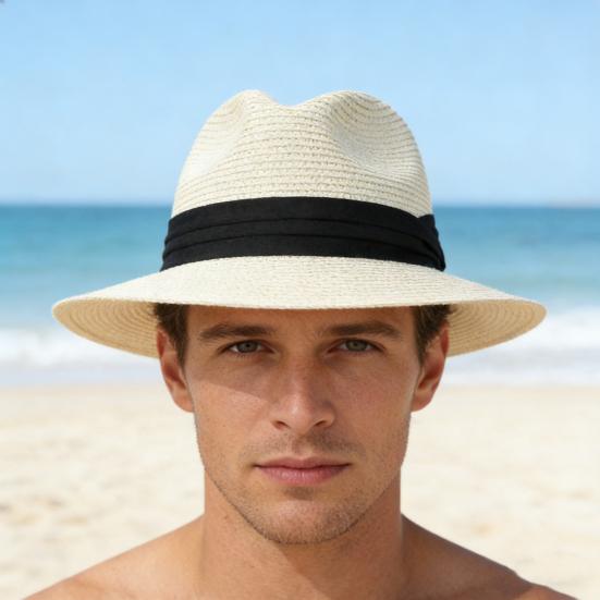 Panama Hat Women Men Wide Brim Straw Beach Hat Ribbon Decor Breathable Elastic
