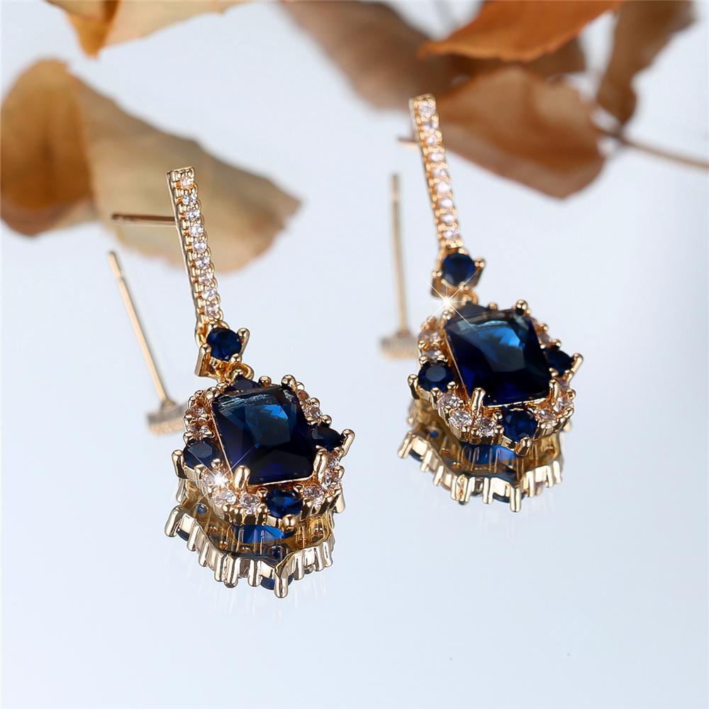 Cute Female Blue Zircon Stone Square Wedding Vintage Gold Color Stud Earrings For Women