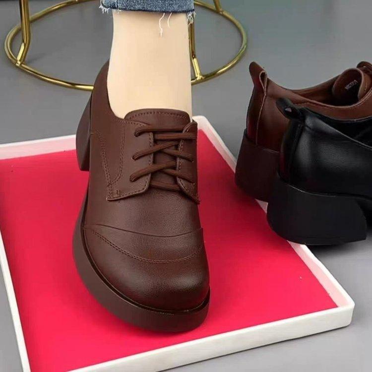 Thick Heel Comfortable Round Head Autumn New Lace-up British Style Small Leather Shoes Medium Heel Black Single Shoes
