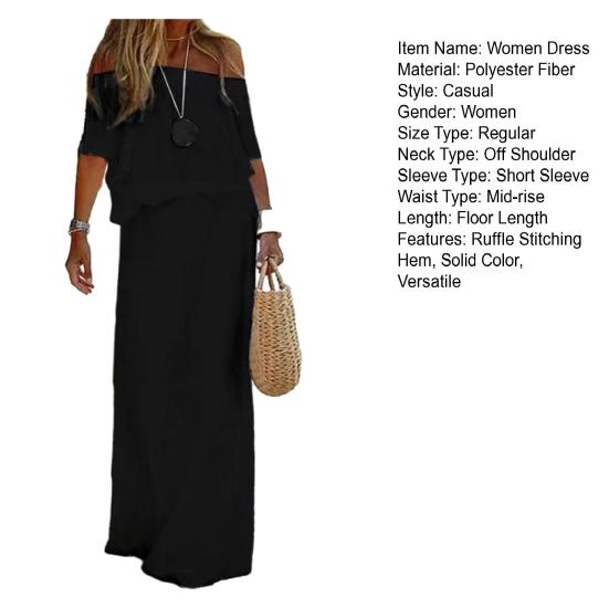 Casual Dress Off Shoulder Short Sleeve Elastic Waist Women Dress Solid Color Loose Cut Slim Party Dress