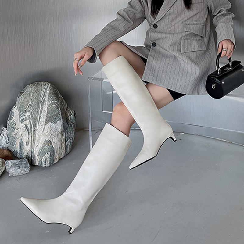 Mode Dames Hoge Knie Lengte Laarzen Designer Mode Puntige Leren Schoenen Nieuwe Trend Lopen Jurk Elegant Motorfiets Botas Mujer