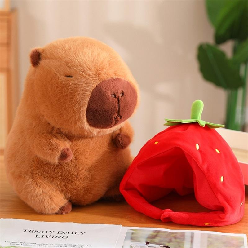 Strawberry Hat Capybara Pendant Plush Keychain Detachable Hat Realistic Soft Stuffed Animal Doll Plush Capibara Toy Kid's Gift