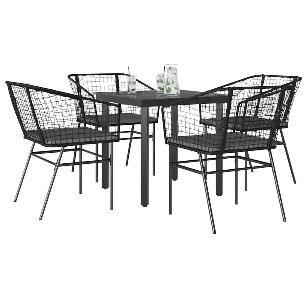 5 Piece Outdoor Dining Set with Cushions Black Poly Rattan & Glass