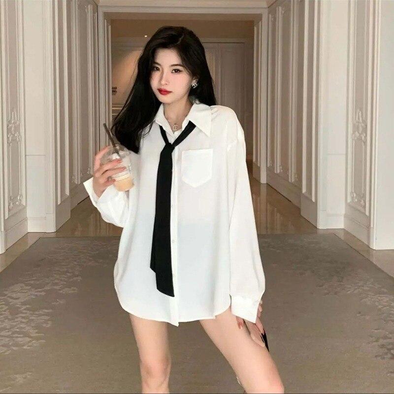 Spring And Autumn Korean White Shirt Women Long Sleeve Casual Loose Blouse Office Lady Elegant Button Up Blouses With Tie 29286
