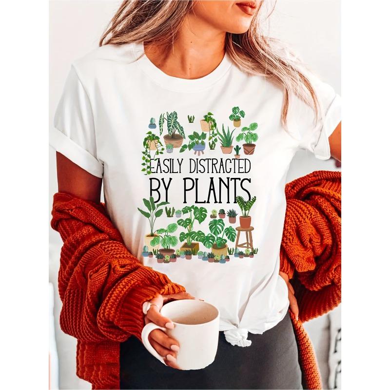 WomenS Cotton T Shirt Easily Distracted By Plants Letter Print Casual Crew Neck Short Sleeve All Season Top