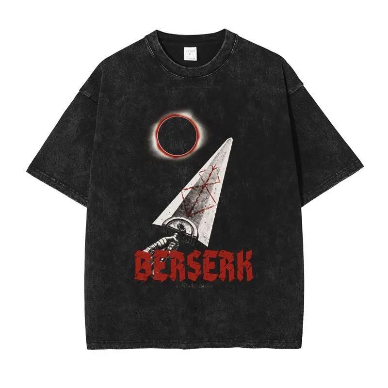 Japan Anime Berserk Graphic Washed TShirt Men Manga Cotton Tshirts Casual Vintage Gothic T Shirt Harajuku Male Street T-shirt