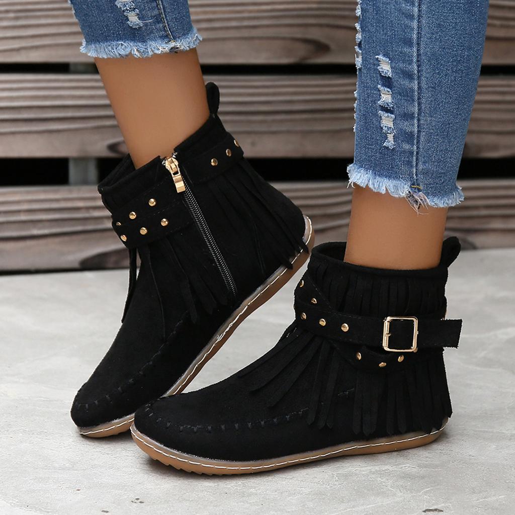 Mode Frühling Herbst Schuhe für Damen Böhmischer Stil Quasten Stiefeletten Damen Retro Wildlederimitat Schnallenriemen Damenstiefel Botas De Mujer