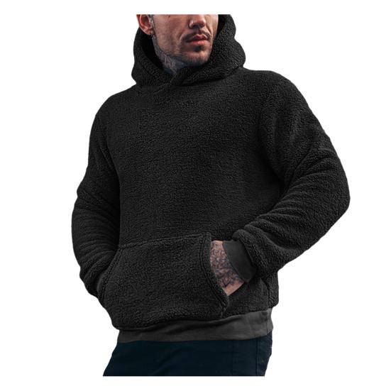 Yousheng Fall Winter Men Hoodie with Pocket Hooded Long Sleeves Solid Color Fleece Pullover Thick Keep Warm Men Daily Wear Casual Top
