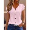 New Summer Jacquard V-neck Lace Blouse Women Solid Color Buttons T-shirt Short Sleeve Casual Top Fashion Woman Sweet Simple Elegant Shirts Loose