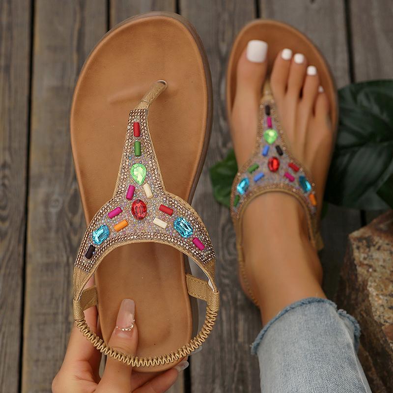Beaded Decor Bohemian Flat Sandals for Women Summer 2025 Elastic Band Clip Toe Rome Sandals Woman Soft Sole Non Slip Beach Shoes