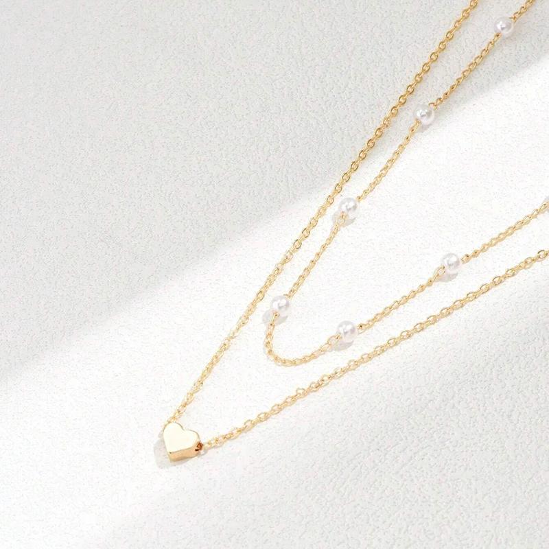 Vintage Pearl Choker Necklaces For Women  Double Layer Chain Small Love Heart Pendant Necklace Jewelry Gift