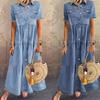 Retro Denim Maxi Dress for Women Soft Thin Long Dress with Button Pockets Short Sleeve Casual Vestidos Ladies Jeans Dress