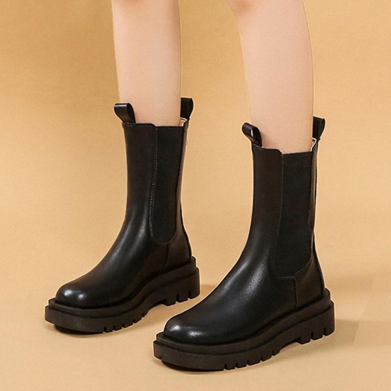 Classiques Bottines Chelsea Femmes Noires Bottines Chaussures à Plateforme Femmes Cuir Véritable Plateforme Bottines Courtes Slip-on Bande Élastique Pu