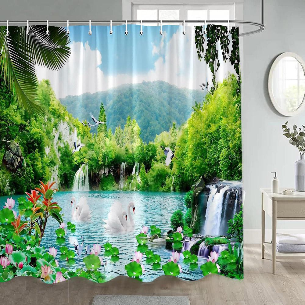 Rustikale Wasserfall-Landschaft Duschvorhänge Natur Wald See Lotus Schwan Chinesischer Stil Badezimmervorhang Heimdekoration Mit Haken