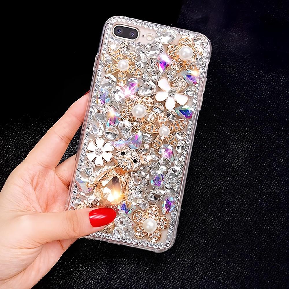 Glitter Rhinestone Phone Case For Honor X60 Pro X50i X30 X50 X40 X30i 5G Crystal Floral Bear Design Cover