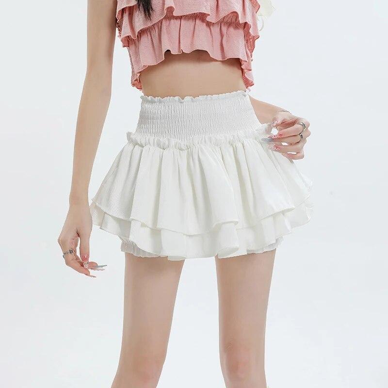 Kawaii Mini Skirt Shorts Women Cute Sexy Balletcore White Elastic High Waist Ruffle Patchwork Lolita Skirt Korean Skort