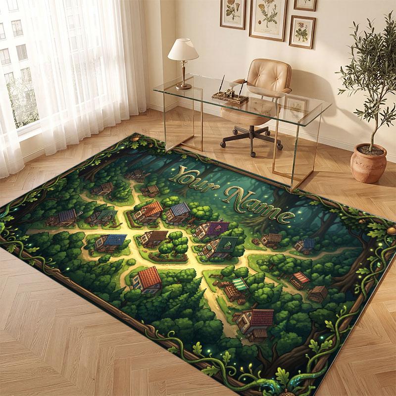 Mushroom Forest Theme Crystal Velvet Floor Rug Personalized Custom Name Text Warm Carpet Home Decoration