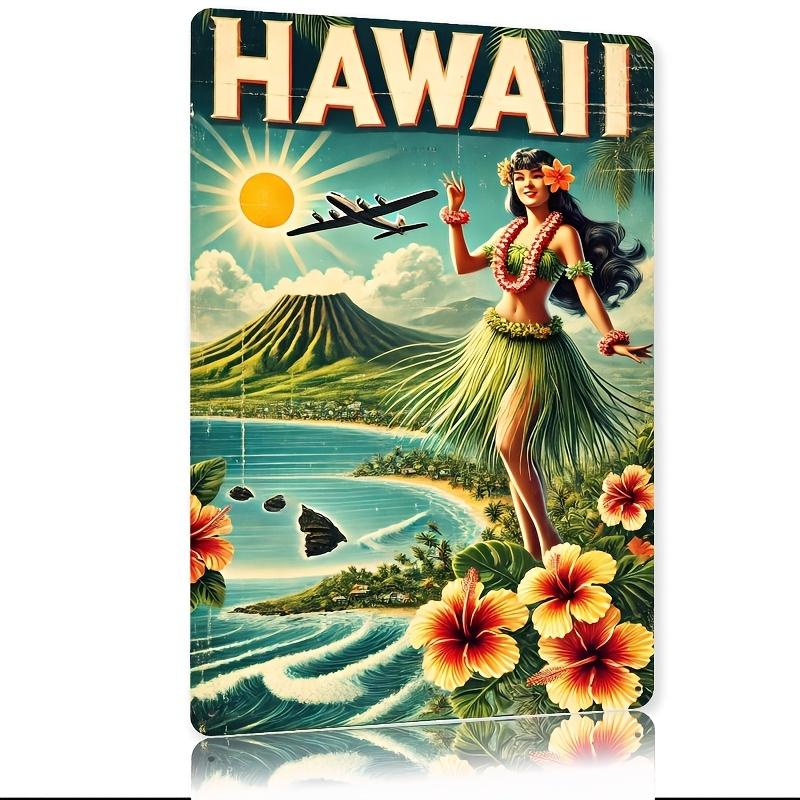 Vintage Hawaii Beach Metal Sign in Retro Tropical Decor with Hula Dancer Airplane for HomeKitchenDining RoomBedroomGa