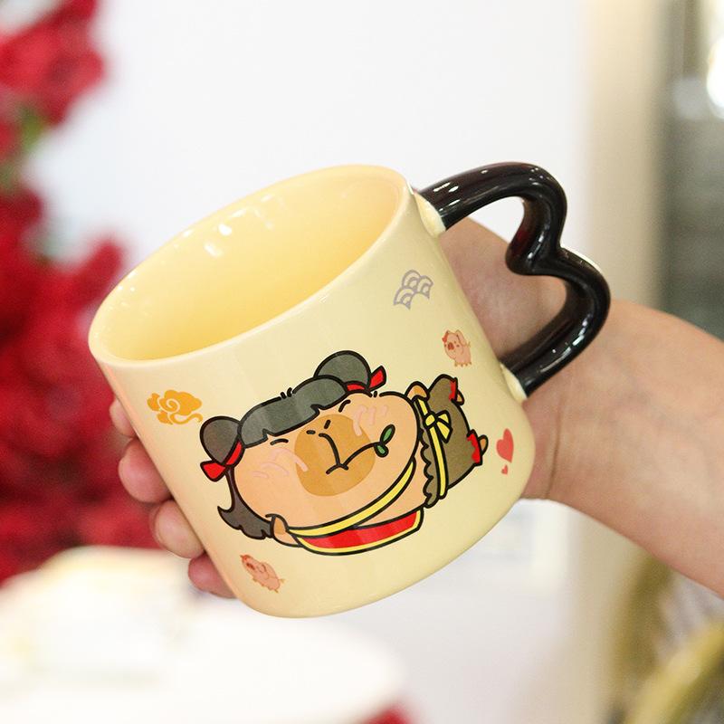 Kreative und interessante Nezha-Tasse mit Deckel und Löffel, hochwertige Haushaltsbecher, niedliche Keramiktassen, Wasserbecher, Geschenkbox-Set