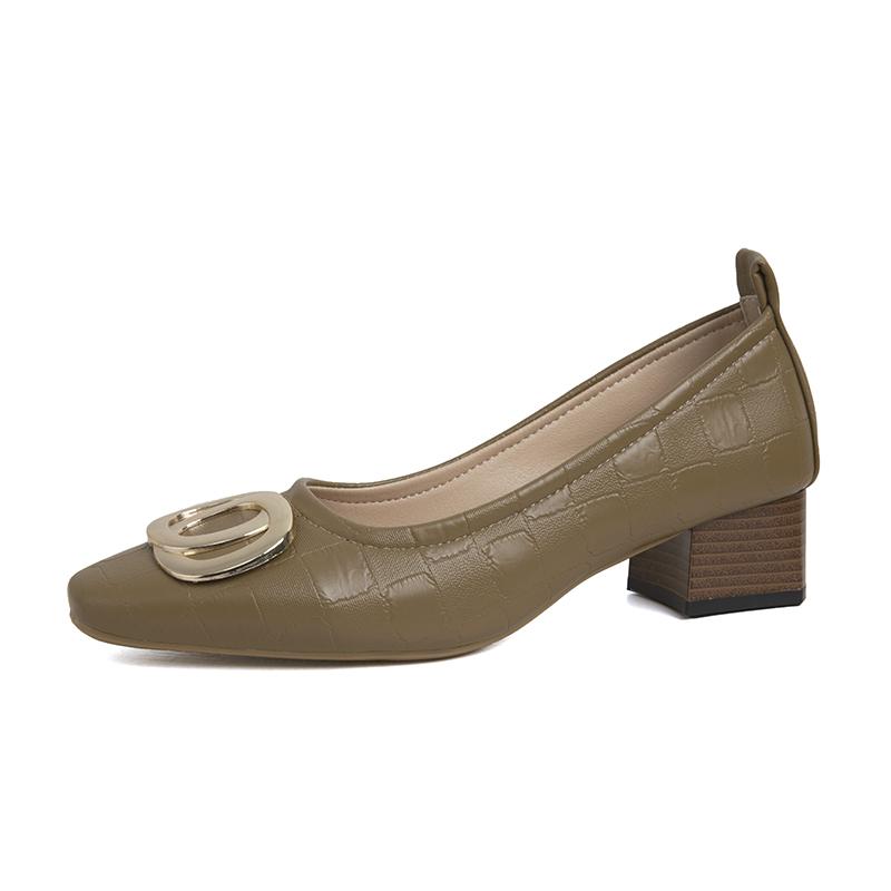 2024 Woman Elegant Square Toe Beige Shoes Heel Female Metal Accessories Shoes Comfortable Cute Shoes