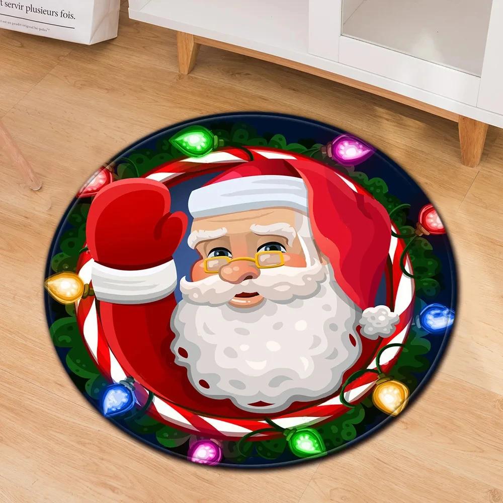 Santa Claus Round Carpet Christmas Theme Rug for Kids Teen New Year's Gift Living Room Bedroom Decor Anti-Slip Circle Floor Mat