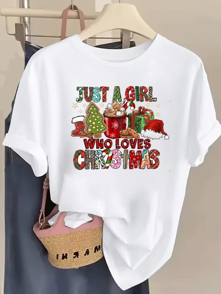 (Asian Size) Printing Truck Trend Women Fashion Festival New Year T Shirt Christmas Clothing Tee Top Print Woman Short Sleeve Graphic T-shirts