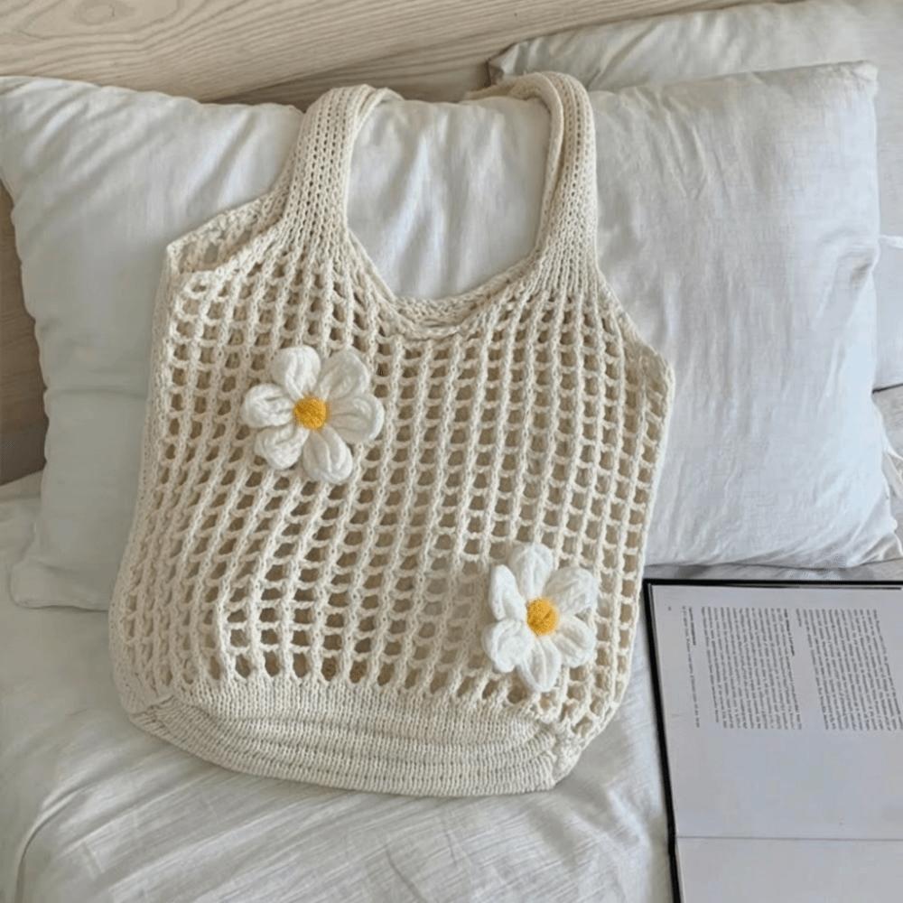 Retro Flower Knitted Tote Bag Large Capacity Woolen Crochet Handbag Eco-Friendly Lightweight Hollow Shoulder Bag Summer