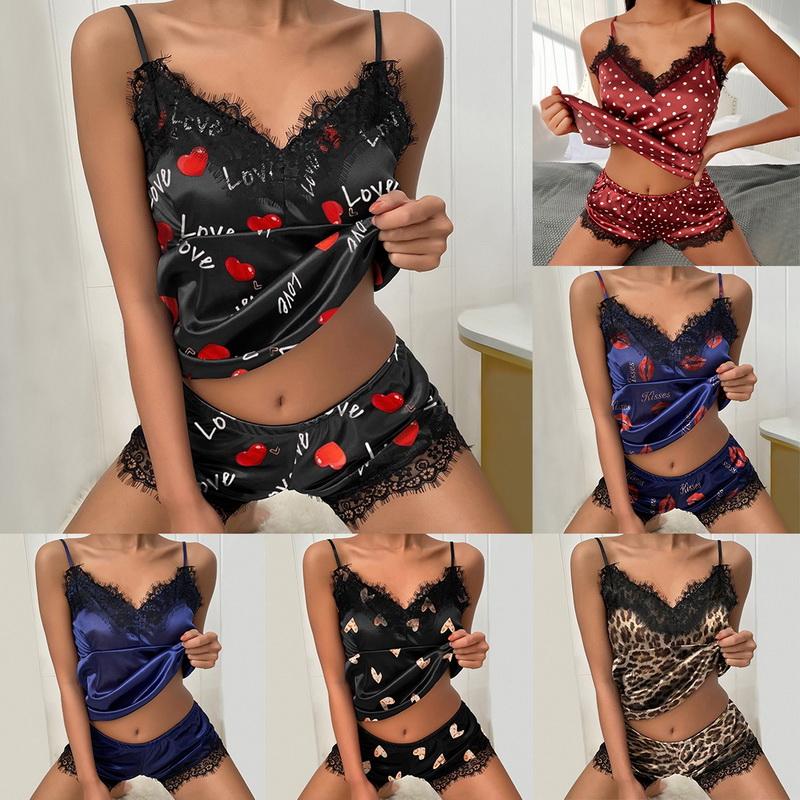 S-3XL Indumenti da notte stampati con lettere a pois da donna Gilet e pantaloncini con scollo a V sexy Set da casa casual