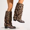 Modische Leopardenmuster Flauschige Knielange Stiefel Damen Dicke Absätze Winter Lange Stiefel Frau Übergröße 42 Zum Hineinschlüpfen Western Stiefel Damen