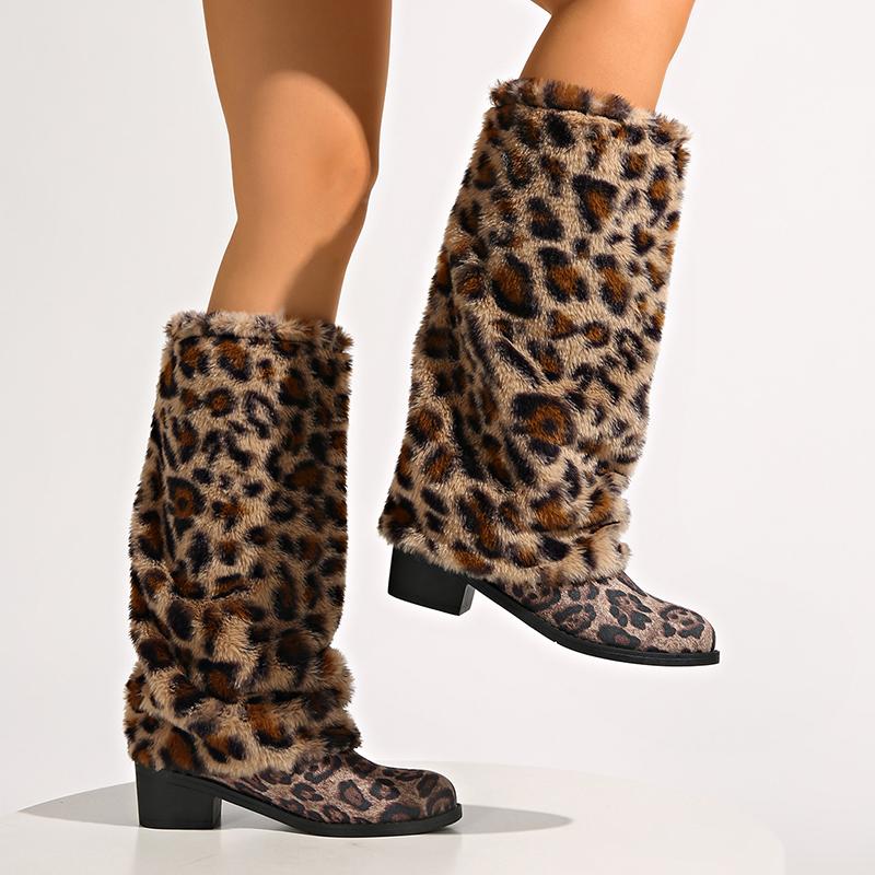 Modische Leopardenmuster Flauschige Knielange Stiefel Damen Dicke Absätze Winter Lange Stiefel Frau Übergröße 42 Zum Hineinschlüpfen Western Stiefel Damen