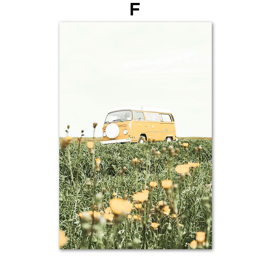 Gänseblümchen, Sonnenblume, Zitrone, Reihenhaus, Mädchen, Auto, Wandkunst, Leinwand, Malerei, nordische Poster und Drucke, Wandbilder für Wohnzimmer-Dekor
