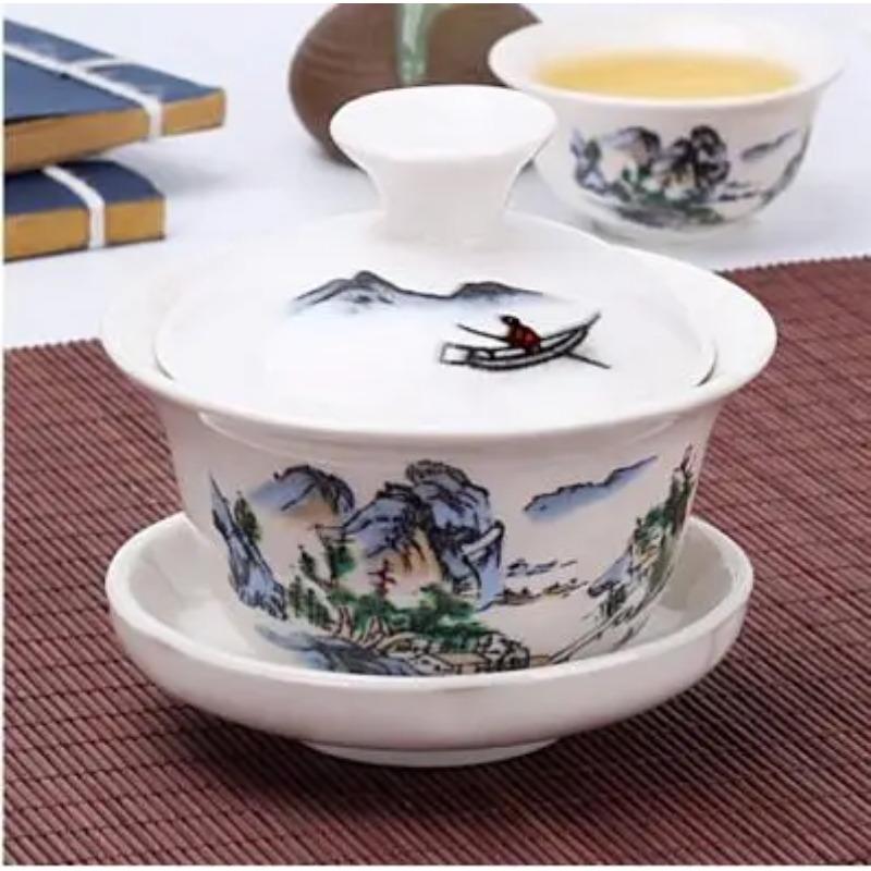 Chinese Hand Painted Kungfu Tea Set, Tureen Dehua, White Porcelain, Gaiwan, Pot Set for Travel, Fast Cup, High Quality