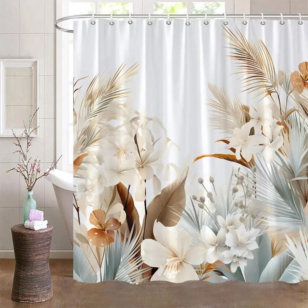 Boho Bladeren Douchegordijn Bruin Blad Met Bloemen Decoratief Badgordijn Polyester Stof Waterdicht Badkamergordijn Met Haken