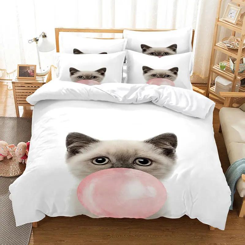 Katt Dynetrekksett Søtt Kattemotiv Sengetøysett for Barn Jenter 2/3 stk Enkelt Dobbelt Queen King Size Dyne Trekk Sengetøy