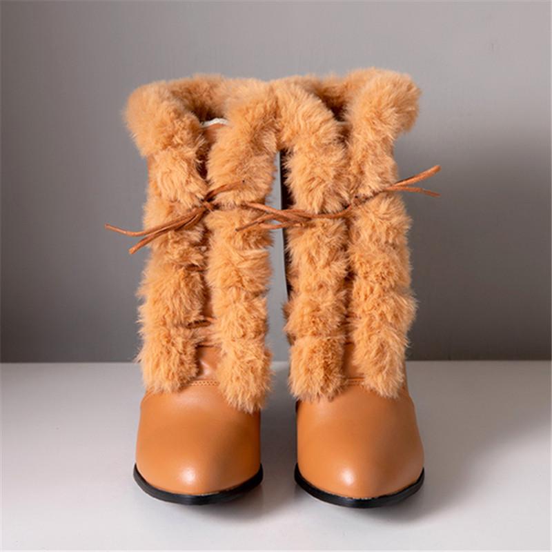 Autumn Winter Fur Women Ankle Boots Quality Solid Lace-up Ladies Shoes Fashion Square High Heels Boats Botines Mujer 33