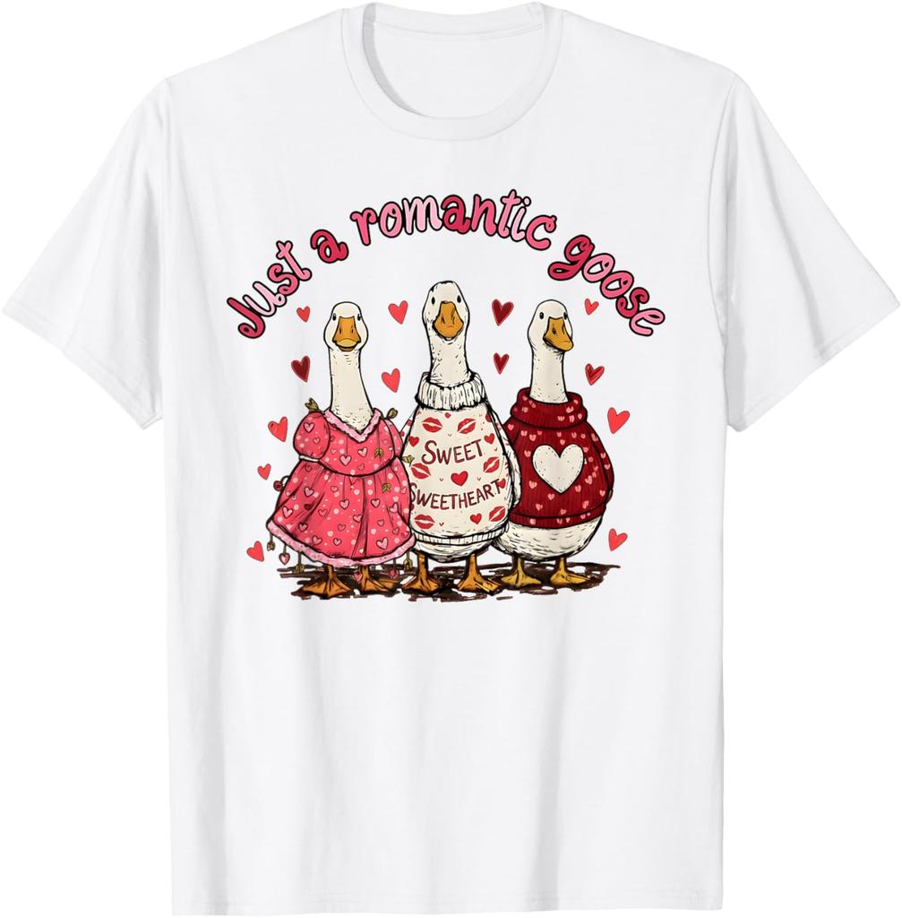 Romantic Goose Valentine Day Funny Goose Graphic Tee Casual Cotton Short Sleeve T-Shirt