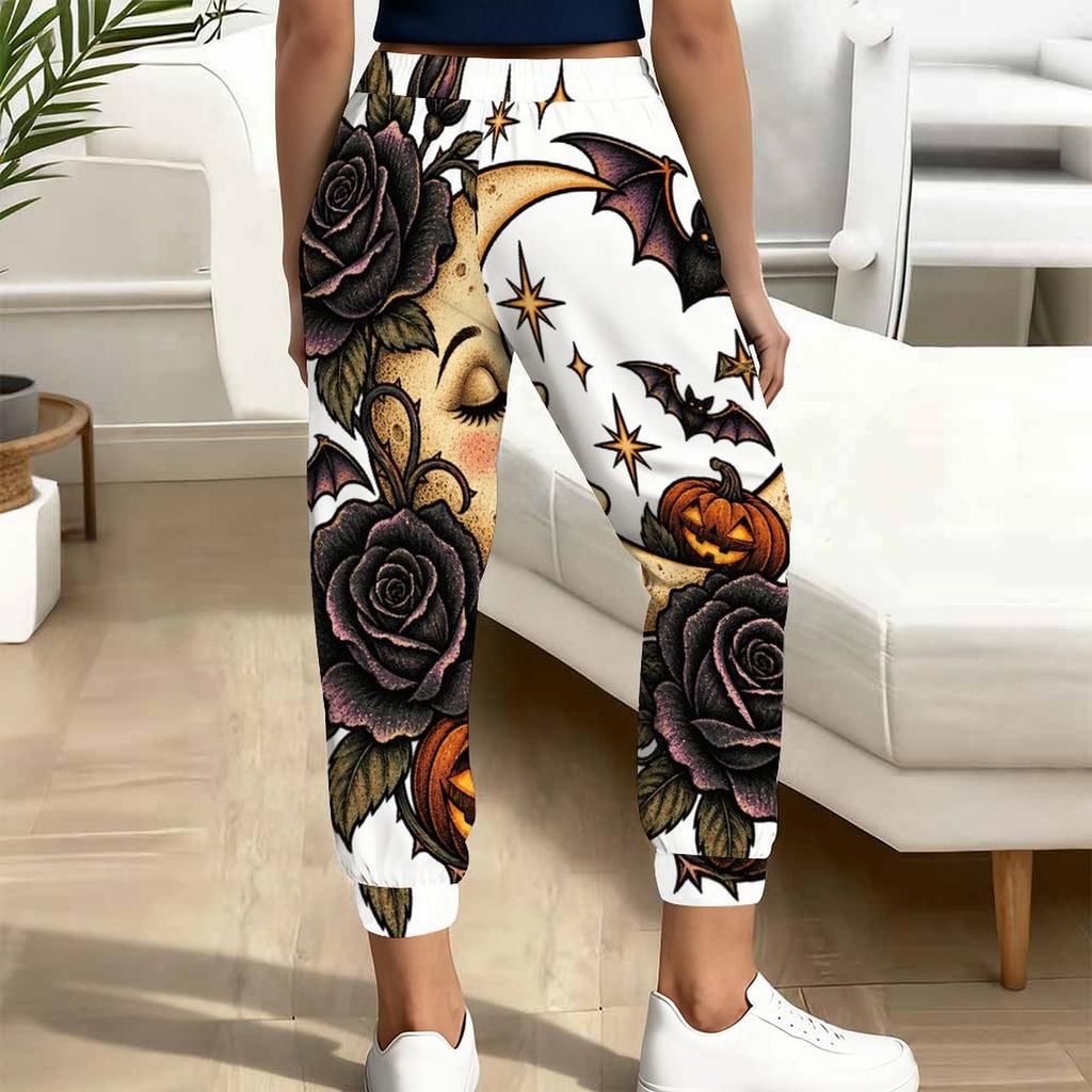 Women Plus Size Cartoon Printed Jogger Pants Drawstring Waist Side Pockets Cuffed Ankle Casual Trousers