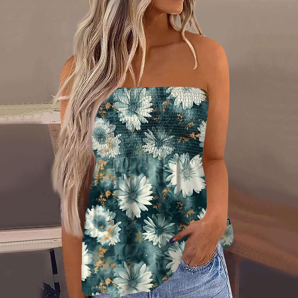 20 Tube Tops For Women,Cute Sexy Off Shoulder Floral Print Sleeveless T-Shirt