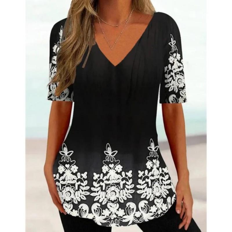 2024 Boutique Floral Pattern T Shirt Women's Temperament Short-Sleeved Summer V Neck Women's T Shirt Oversized Casual Clothing