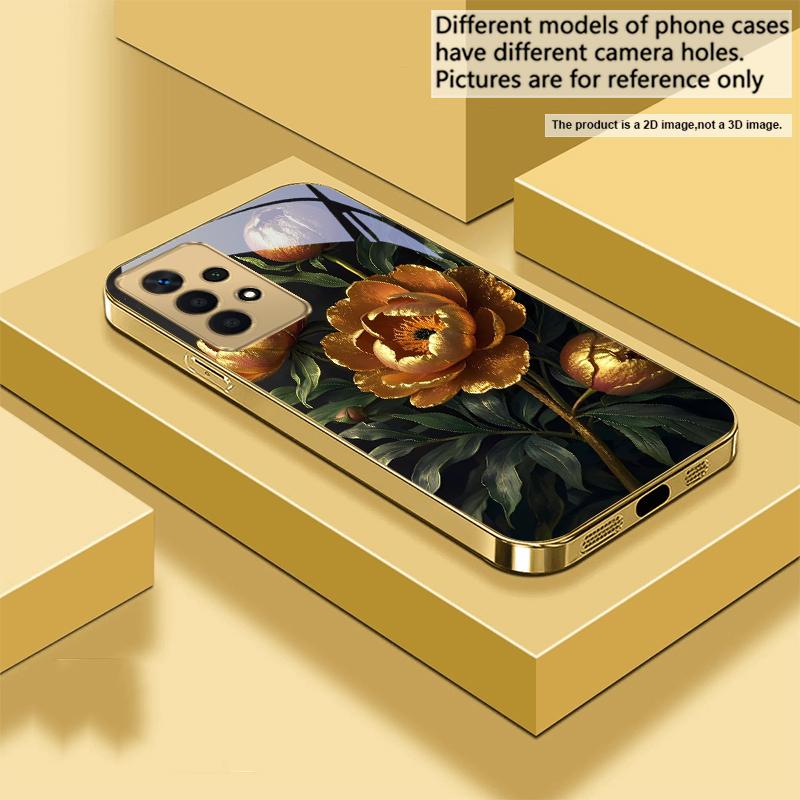 Prosperous Golden Peony For Samsung A 01 52S A04 A05S A10 A12 A13 22 23 24 36 42 M02 Note 10 20Ultra 8 9 Golden Glass Phone Case