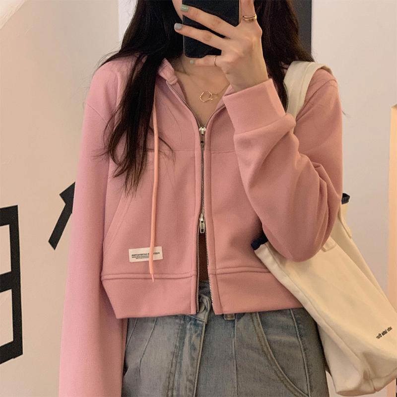 Hooded Sweatshirt Women's Short Double Zipper Solid Color Top Casual Cardigan
