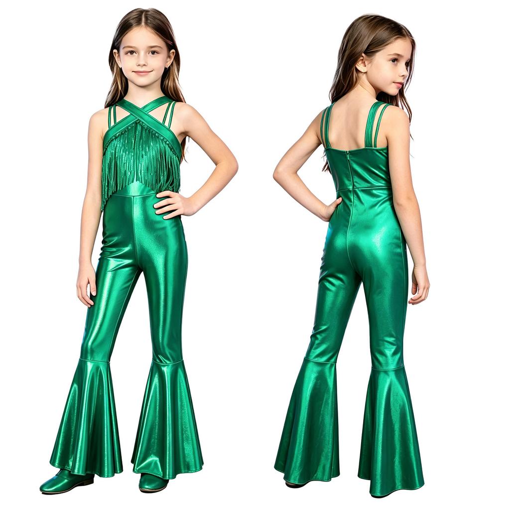 Mädchen Metallischer Jumpsuit Glitzernde Pailletten Quasten Ärmellos Reißverschluss Hinten Lange Schlaghosen Disco Tanzpartys