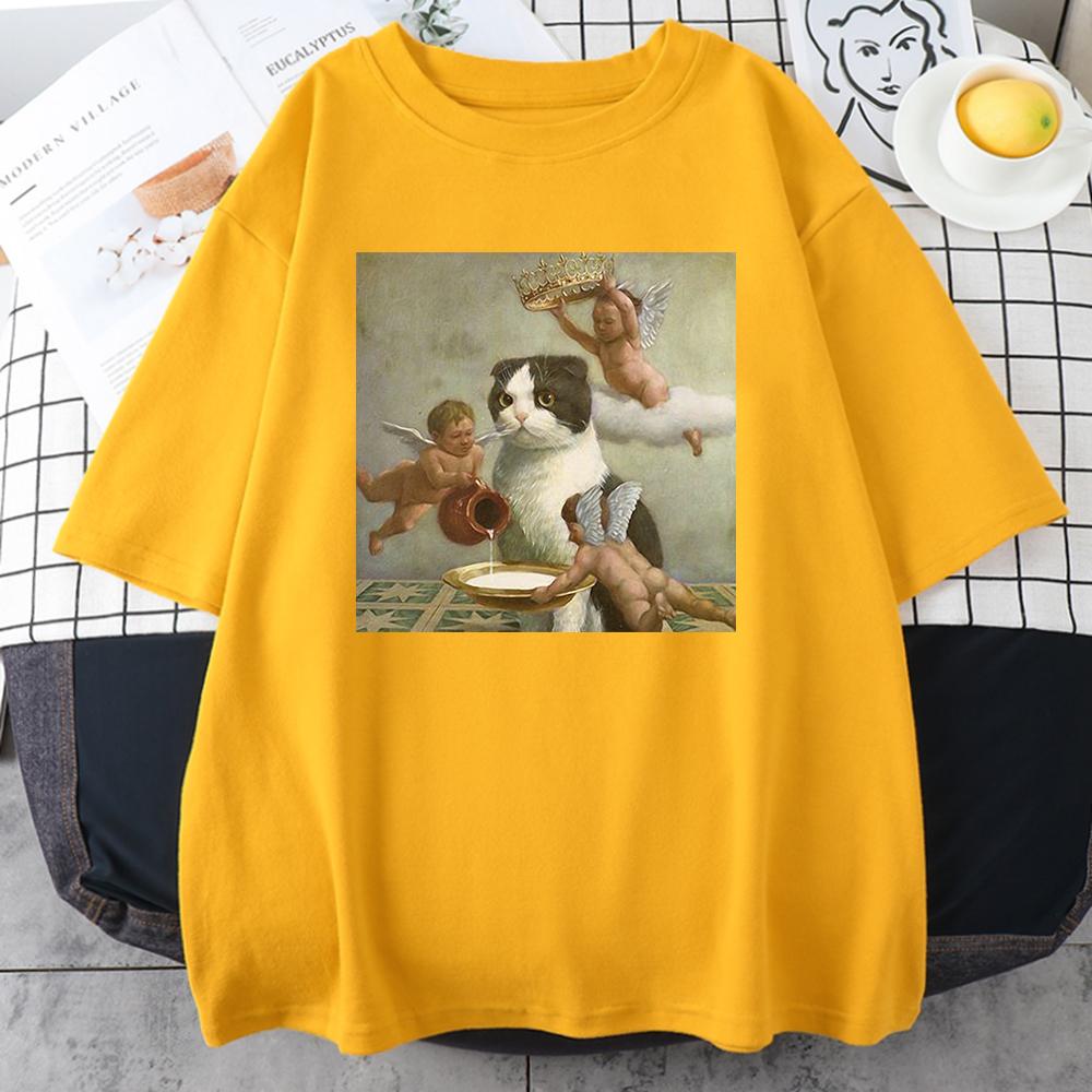 Scottish Fold Angel Crown Print Women Unisex Clothing Personality Casual Crewneck T-Shirts All-math Loose Mans Cotton Short Sleeve