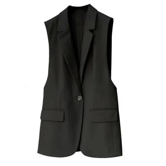 Summer Women Blazer Coat Solid Color Sleeveless Turn-down Collar Temperament Suit Jacket Long Vest for Female