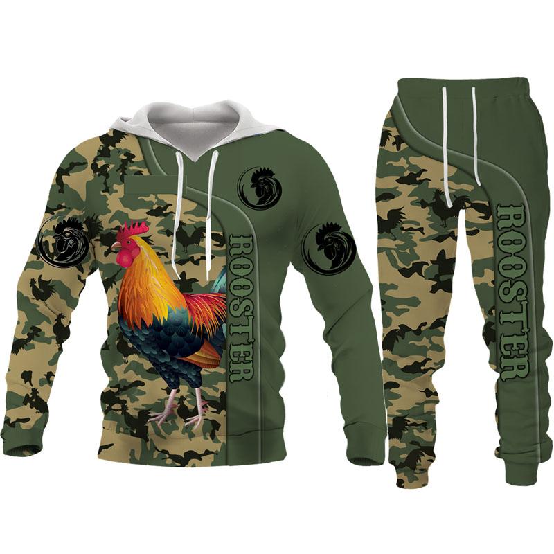 Cool Rooster Hunting Camo Hoodie Suit Harajuku Men's Funny Pullover Pants Two Piece Set Chicken Cock Animal 3D Printed Tracksuit